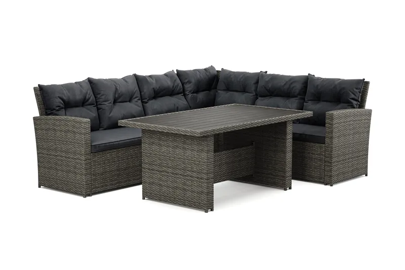 James 5-sits Högervänd Loungegrupp Utomhus – Soffgrupp med grå dynor och bord i konstrotting - Mörkgrå/Svart/Brun - Trädgård & spabad - Utemiljö - Altan & terrass - Altanmöbler