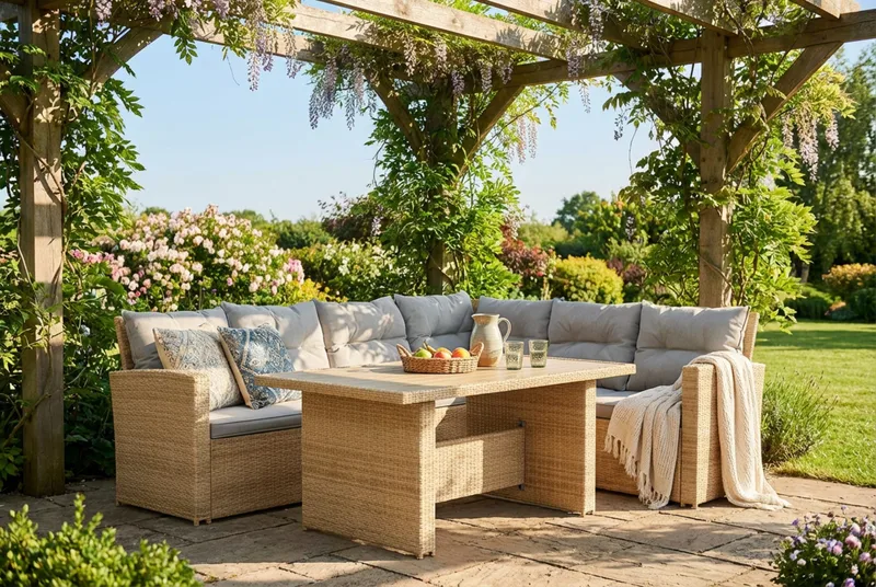 James 5-sits Högervänd Loungegrupp Utomhus – Soffgrupp med ljusgrå dynor och bord i konstrotting - Ljusgrå / Beige - Trädgård & spabad - Utemiljö - Altan & terrass - Altanmöbler