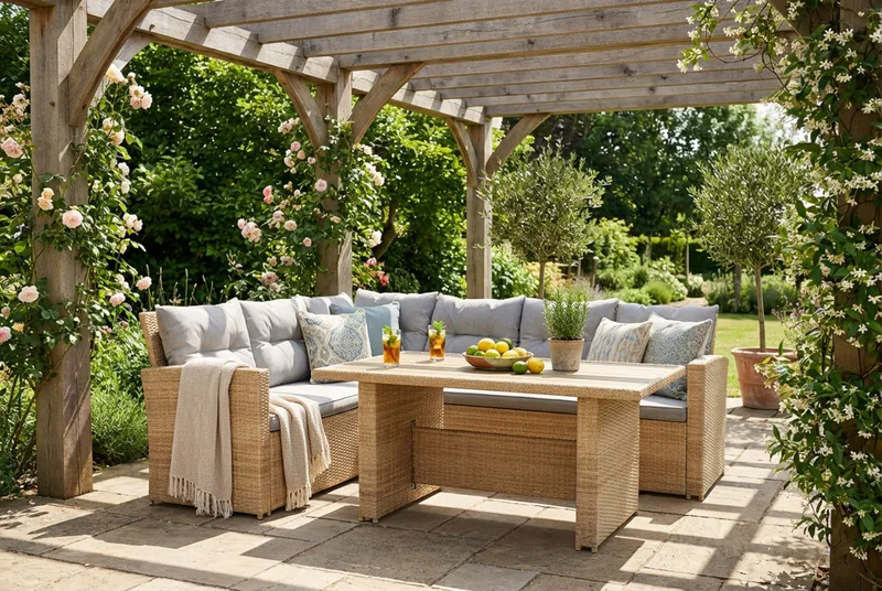 James 5-sits Vänstervänd Loungegrupp Utomhus – Soffgrupp med ljusgrå dynor och bord i konstrotting - Ljusgrå / Beige - Trädgård & spabad - Utemiljö - Altan & terrass - Altanmöbler