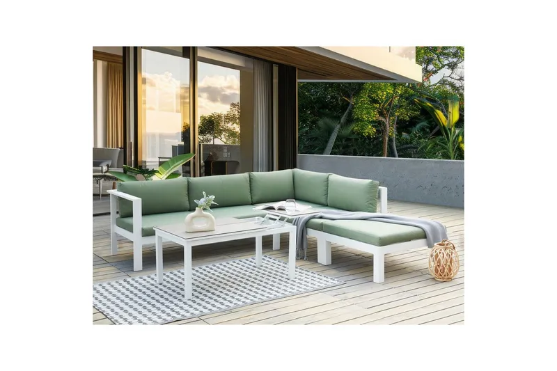 Loungegrupp 5-sits Messina Grön/vit/grå - Grön/vit/grå - Trädgård & spabad - Utemiljö - Altan & terrass - Altanmöbler