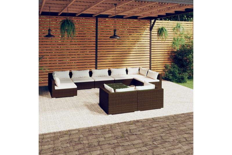 Loungegrupp för trädgården med dynor 10 delar brun konstrott - Brun/Vit - Altanmöbler - Soffgrupp utomhus - Loungegrupp & Loungeset