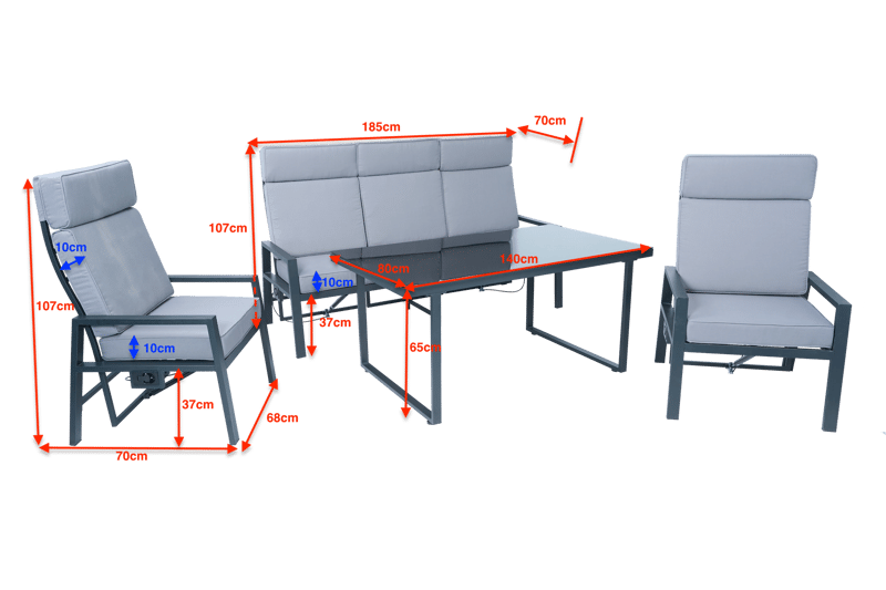 Loungegrupp i aluminium med recliner – Soffa, 2 stolar & bord | Apelviken - Trädgård & spabad - Utemiljö - Altan & terrass - Altanmöbler