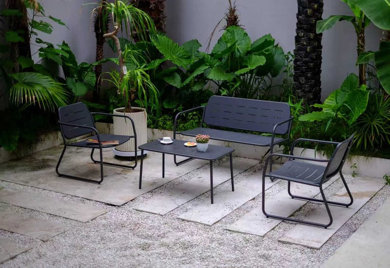 Loungegrupp i stål | Svart loungeset med bord, stol och bänk | Isac, undefined