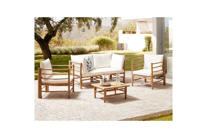 Loungegrupp med bord Cerreto Vit/ljust trä, 4-Sits - Vit/ljust trä, 4-Sits - Trädgård & spabad - Utemiljö - Altan & terrass - Altanmöbler