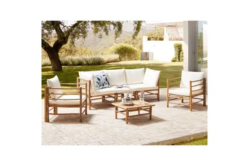 Loungegrupp med bord Cerreto Vit/ljust trä, 5-Sits - Vit/ljust trä, 5-Sits - Utemöbler - Loungemöbler - Soffgrupp utomhus