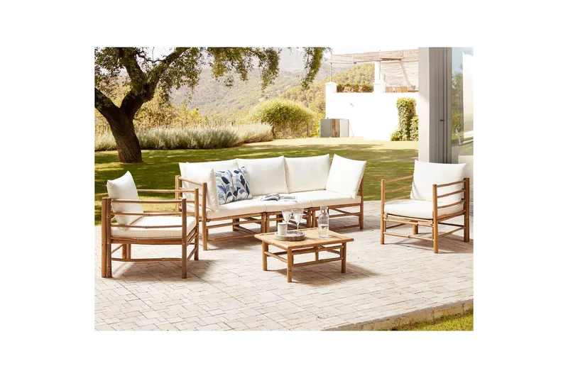 Loungegrupp med bord Cerreto Vit/ljust trä, 5-Sits - Vit/ljust trä, 5-Sits - Trädgård & spabad - Utemiljö - Altan & terrass - Altanmöbler