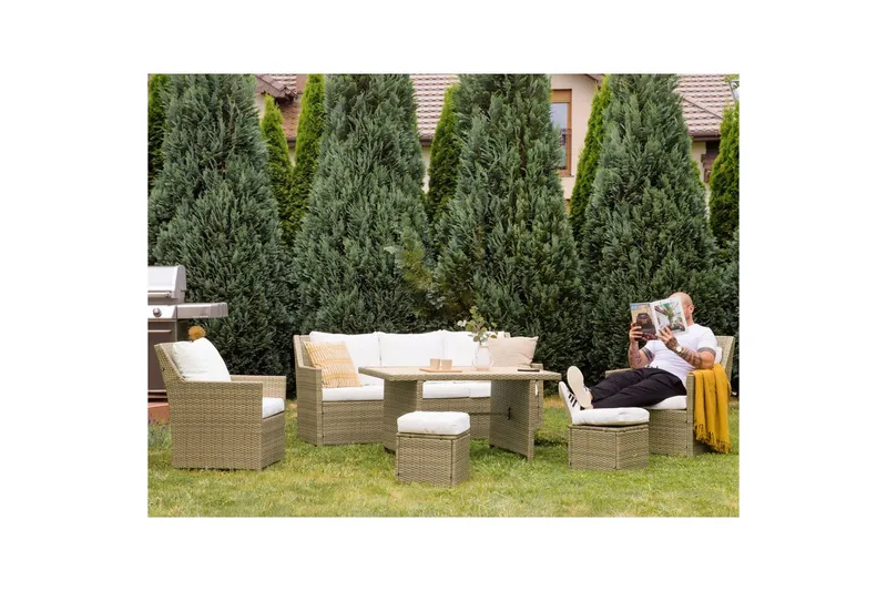 Loungegrupp med bord Fonti Vit/brun - Vit/brun - Trädgård & spabad - Utemiljö - Altan & terrass - Altanmöbler