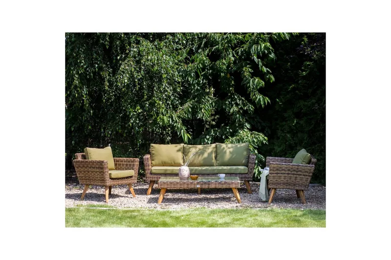 Loungegrupp med bord Vittoria Beige/grönt/mörkt trä, 5-Sits - Beige/grönt/mörkt trä, 5-Sits - Trädgård & spabad - Utemiljö - Altan & terrass - Altanmöbler