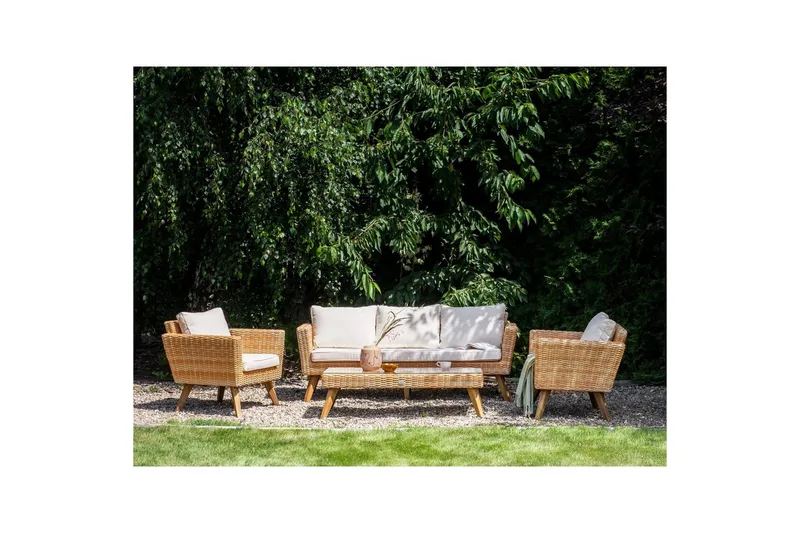 Loungegrupp med bord Vittoria Beige/vit/ljust trä, 5-Sits - Beige/vit/ljust trä, 5-Sits - Trädgård & spabad - Utemiljö - Altan & terrass - Altanmöbler