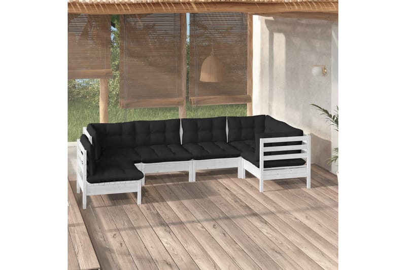 Loungegrupp Utomhus med dynor 6 delar vit massiv furu - Vit/svart - Trädgård & spabad - Utemiljö - Altan & terrass - Altanmöbler