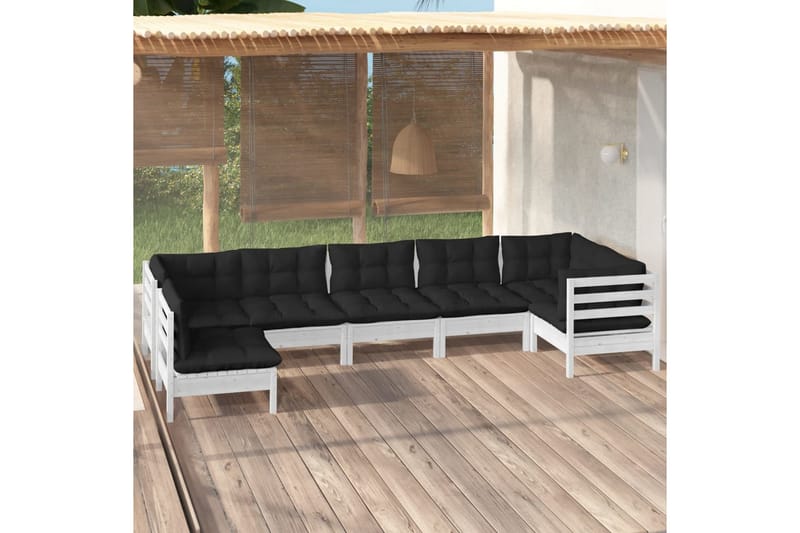 Loungegrupp Utomhus med dynor 7 delar vit massiv furu - Vit/svart - Trädgård & spabad - Utemiljö - Altan & terrass - Altanmöbler