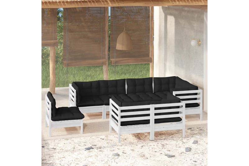 Loungegrupp Utomhus med dynor 8 delar vit massiv furu - Vit/svart - Trädgård & spabad - Utemiljö - Altan & terrass - Altanmöbler