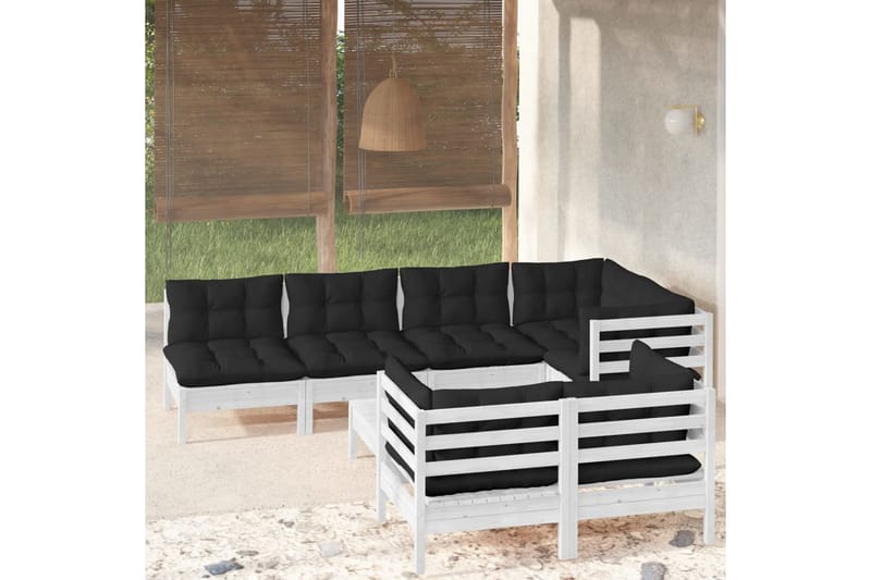 Loungegrupp Utomhus med dynor 8 delar vit massiv furu - Vit/svart - Trädgård & spabad - Utemiljö - Altan & terrass - Altanmöbler