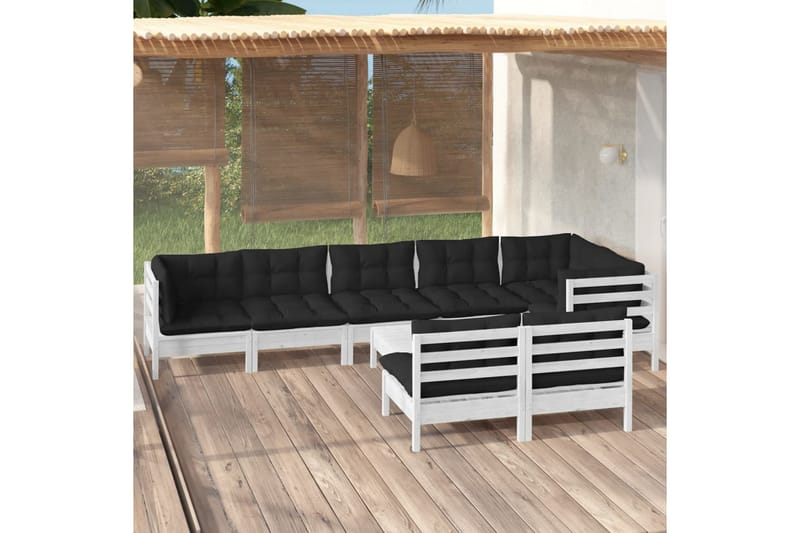 Loungegrupp Utomhus med dynor 9 delar vit massiv furu - Vit/svart - Trädgård & spabad - Utemiljö - Altan & terrass - Altanmöbler