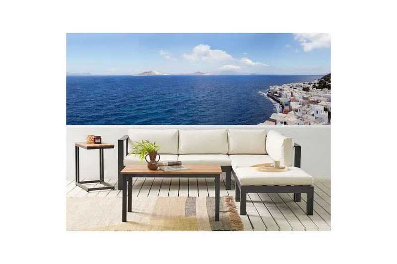 Loungegrupp med dynor Messina Svart/ljust trä/beige - Svart/ljust trä/beige - Trädgård & spabad - Utemiljö - Altan & terrass - Altanmöbler