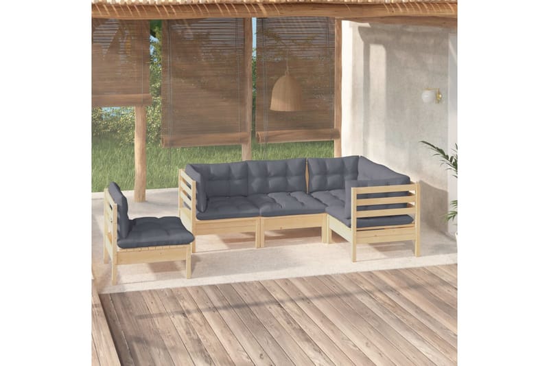 Loungegrupp Utomhus med grå dynor 5 delar massiv furu - Grå - Trädgård & spabad - Utemiljö - Altan & terrass - Altanmöbler