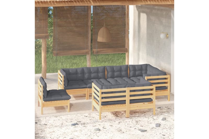 Loungegrupp Utomhus med grå dynor 8 delar massiv furu - Grå - Trädgård & spabad - Utemiljö - Altan & terrass - Altanmöbler