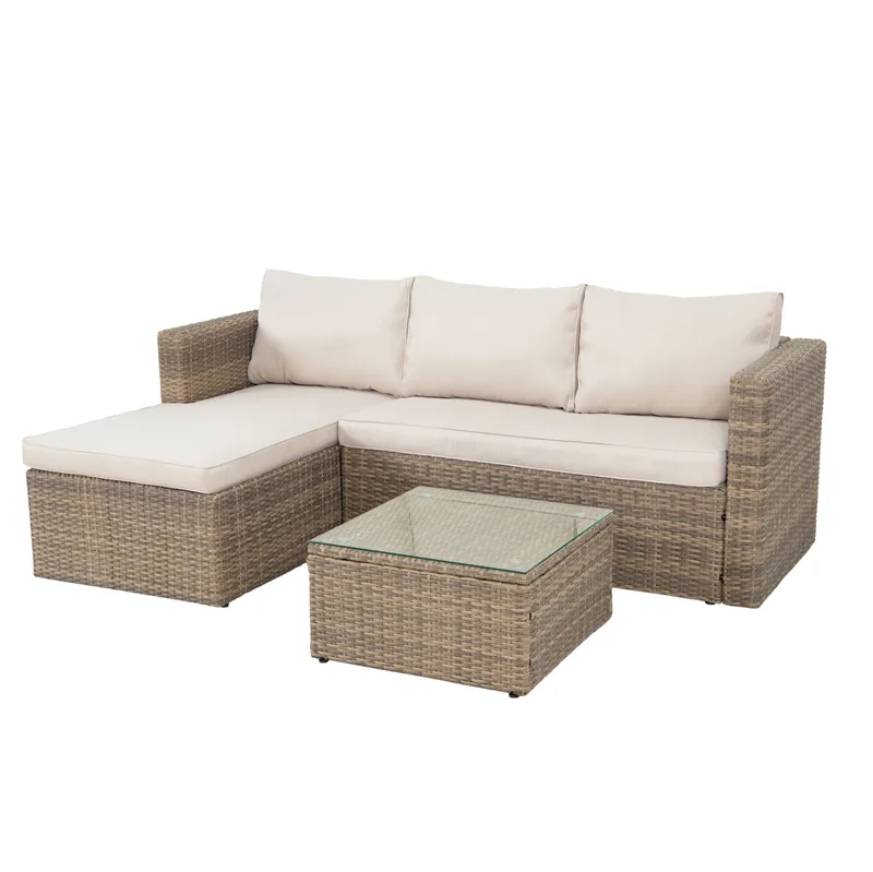 Mendoza l-formad 4-sits soffgrupp i konstrotting för altan och terrass - Brun / Beige dynor - Trädgård & spabad - Utemiljö - Altan & terrass - Altanmöbler