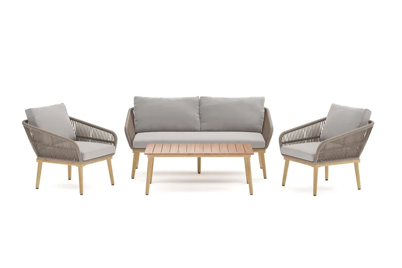 Morrocco 4-sits Soffgrupp utomhus med grå dynor och soffbord med trä utseende, Brun