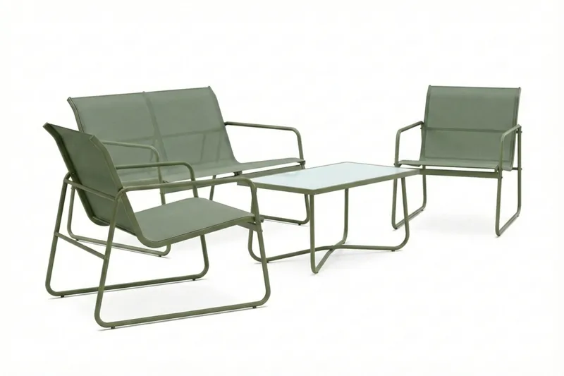 Pelanda Loungegrupp  - Soffa och 2 fåtöljer i stål soffbord med frostad glasskiva - Grön - Trädgård & spabad - Utemiljö - Altan & terrass - Altanmöbler