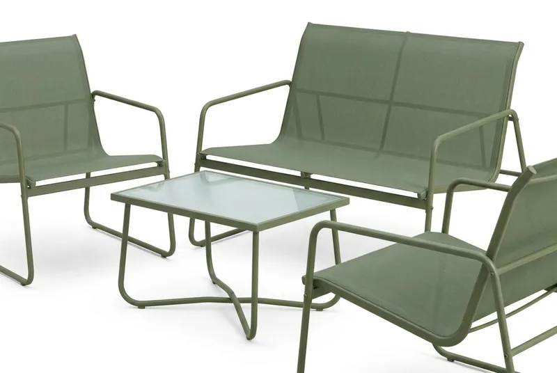 Pelanda Loungegrupp  - Soffa och 2 fåtöljer i stål soffbord med frostad glasskiva - Grön - Trädgård & spabad - Utemiljö - Altan & terrass - Altanmöbler