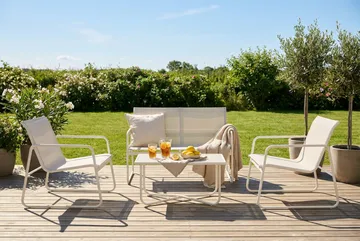 Pelanda Loungegrupp  - Soffa och 2 fåtöljer i stål soffbord med frostad glasskiva - Ljusbeige - Utemöbler - Loungemöbler - Soffgrupp utomhus