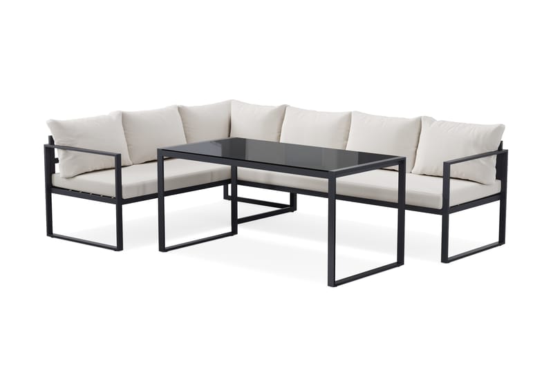 Silvia Loungegrupp i metall utomhus med soffbord med glasskiva och soffa med vita dynor - Svart - Trädgård & spabad - Utemiljö - Altan & terrass - Altanmöbler
