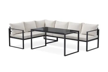Silvia Loungegrupp i metall utomhus med soffbord med glasskiva och soffa med vita dynor - Svart - Utemöbler - Loungemöbler - Soffgrupp utomhus