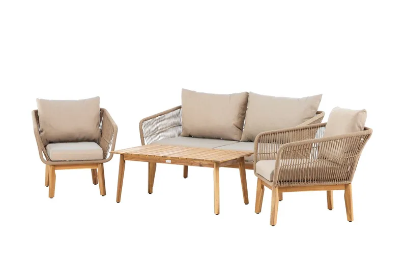 Soffgrupp Chania 2-sits Soffa + 2 Fåtöljer med bord Utomhus - Brun - Utemöbler - Loungemöbler - Soffgrupp utomhus