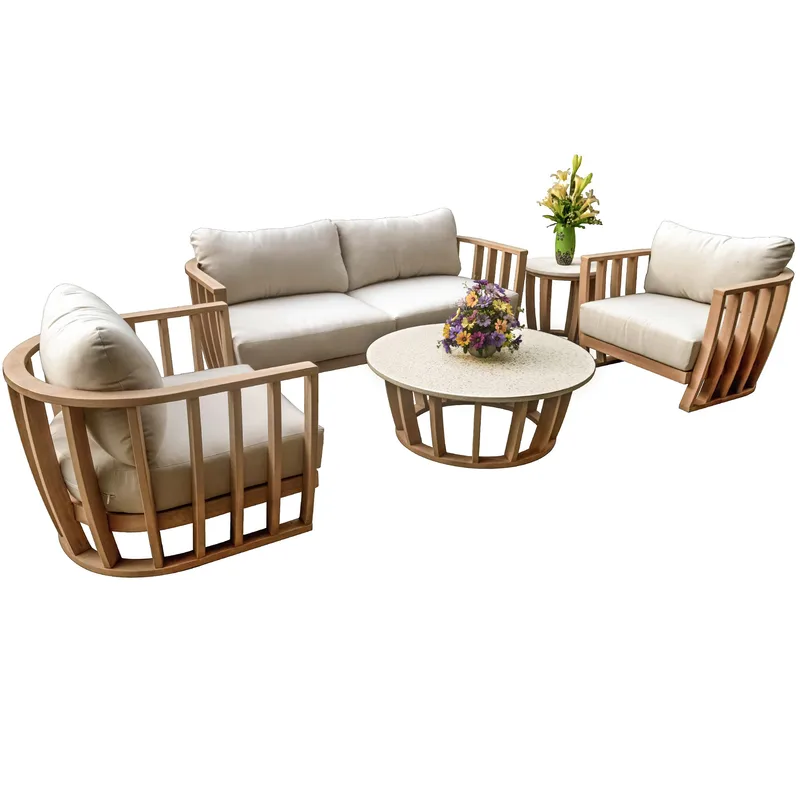 Soffgrupp i akacia & terrazzo-sten | Dynor med linnetyg | Storvik - Trädgård & spabad - Utemiljö - Altan & terrass - Altanmöbler