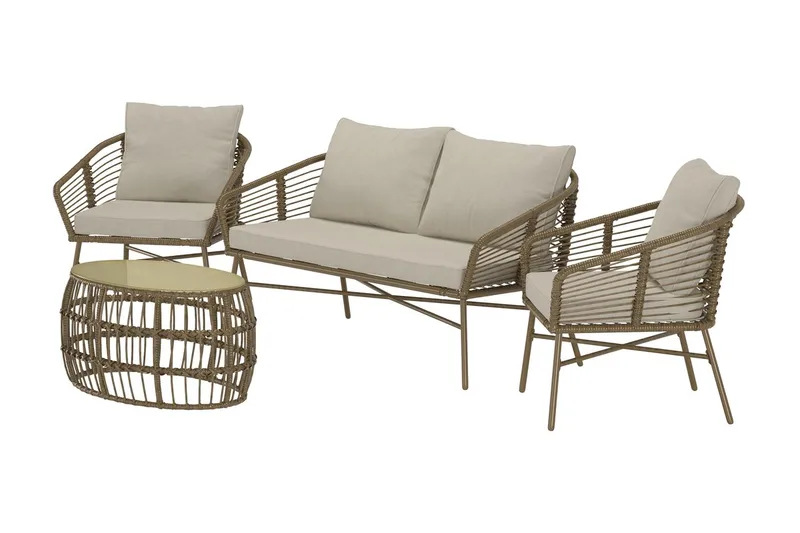Soffgrupp Lipari 2-sits Soffa + 2 Fåtöljer med bord Utomhus - Brun - Utemöbler - Loungemöbler - Soffgrupp utomhus