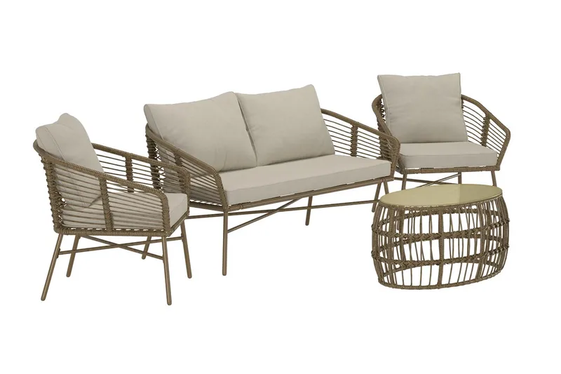 Soffgrupp Lipari 2-sits Soffa + 2 Fåtöljer med bord Utomhus - Brun - Utemöbler - Loungemöbler - Soffgrupp utomhus