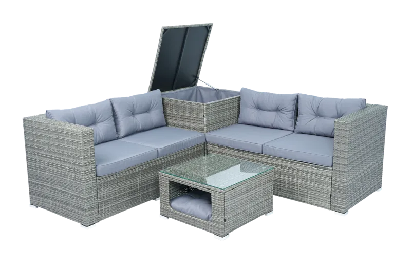 Soffgrupp med dynförvaring – Hörnsoffa & bord i grått | Lilla Djursvik - Trädgård & spabad - Utemiljö - Altan & terrass - Altanmöbler