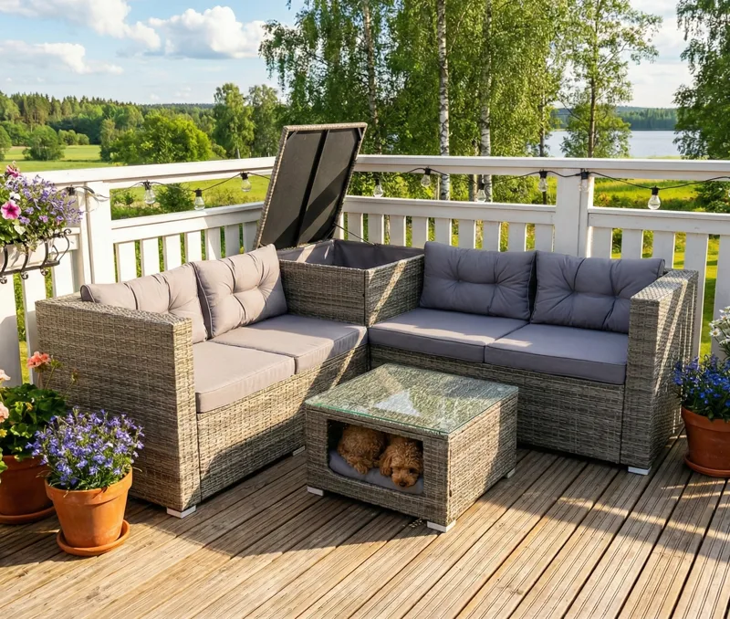 Soffgrupp med dynförvaring – Hörnsoffa & bord i grått | Lilla Djursvik, undefined