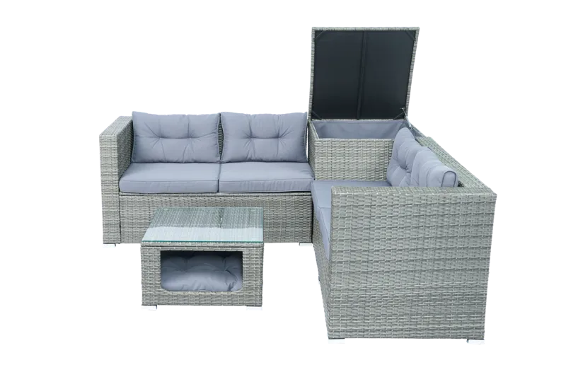 Soffgrupp med dynförvaring – Hörnsoffa & bord i grått | Lilla Djursvik - Trädgård & spabad - Utemiljö - Altan & terrass - Altanmöbler
