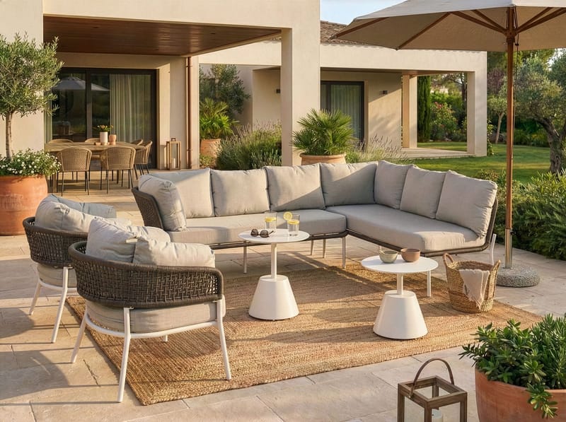 Soffgrupp utomhus 7-Sits Robella med Bord - Beige/Vit/Brun - Trädgård & spabad - Utemiljö - Altan & terrass - Altanmöbler