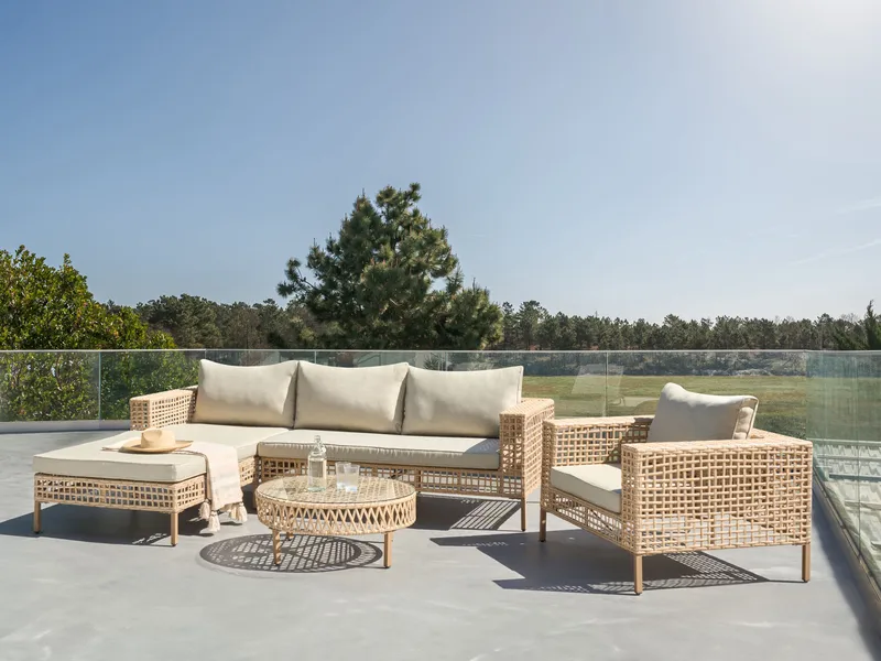 Soffgrupp utomhus med Bord 4-Sits Calasetta Högervänd Konstrotting - Beige - Trädgård & spabad - Utemiljö - Altan & terrass - Altanmöbler