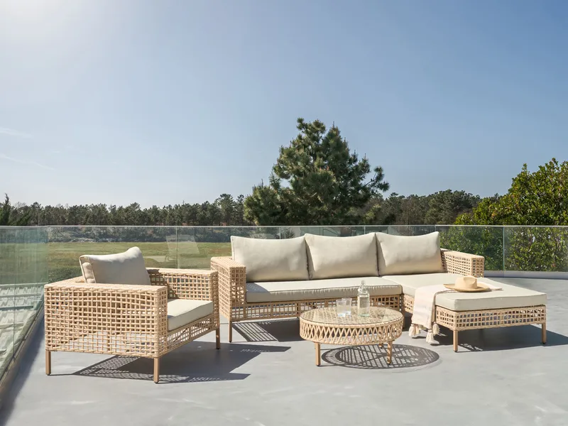 Soffgrupp utomhus med Bord 4-Sits Calasetta Vänstervänd Konstrotting - Beige - Trädgård & spabad - Utemiljö - Altan & terrass - Altanmöbler