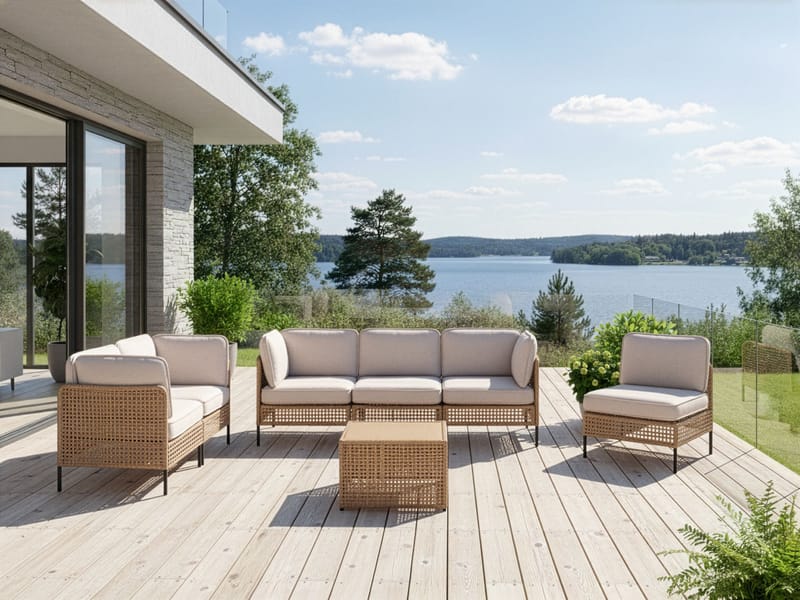 Soffgrupp utomhus med Bord 6-Sits Omegana Modulär Konstrotting - Beige/Svart - Trädgård & spabad - Utemiljö - Altan & terrass - Altanmöbler