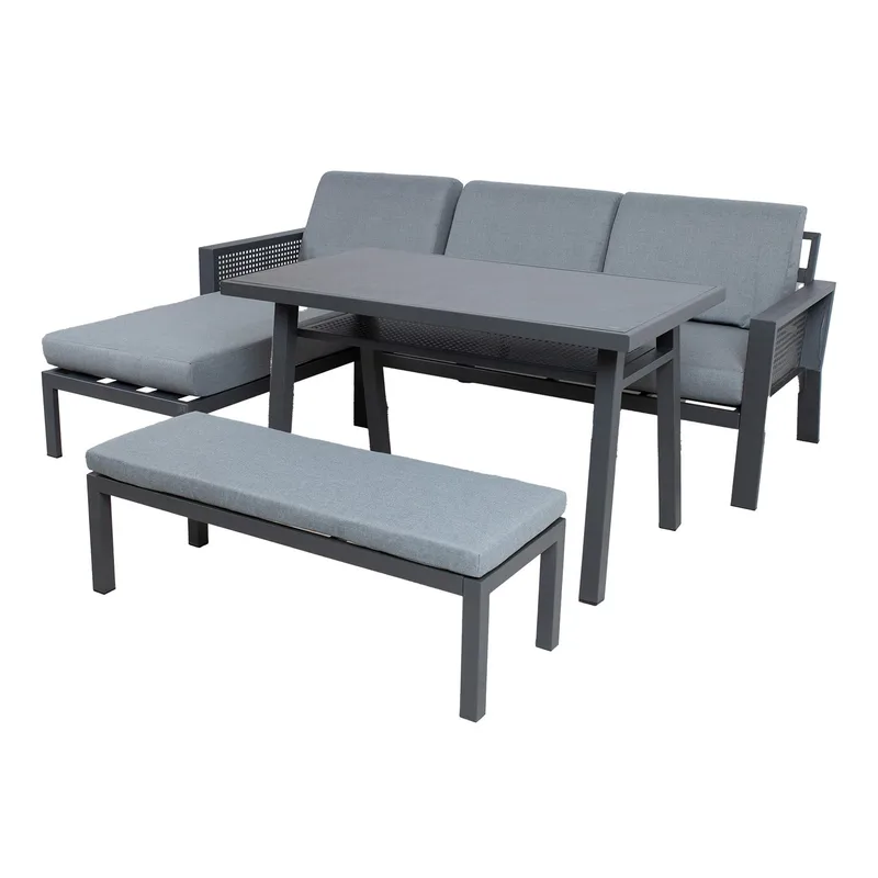 Trädgårdsmöbelgrupp Delgado hörnsoffa, bord och bänk - Grå - Trädgård & spabad - Utemiljö - Altan & terrass - Altanmöbler