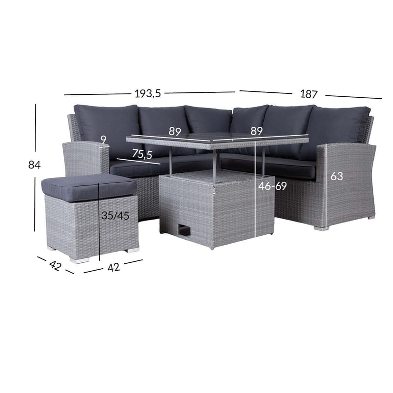 Trädgårdsmöbelgrupp Samuel Bord Hörnsoffa och fotpall - Grå - Trädgård & spabad - Utemiljö - Altan & terrass - Altanmöbler