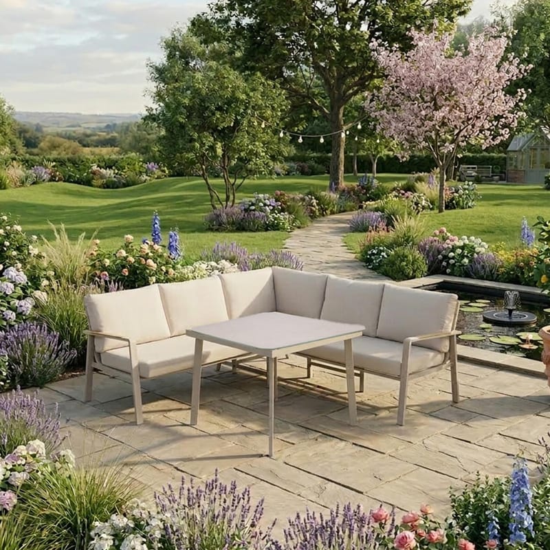 Trädgårdsmöbelgrupp Upland bord och hörnsoffa - Beige - Trädgård & spabad - Utemiljö - Altan & terrass - Altanmöbler
