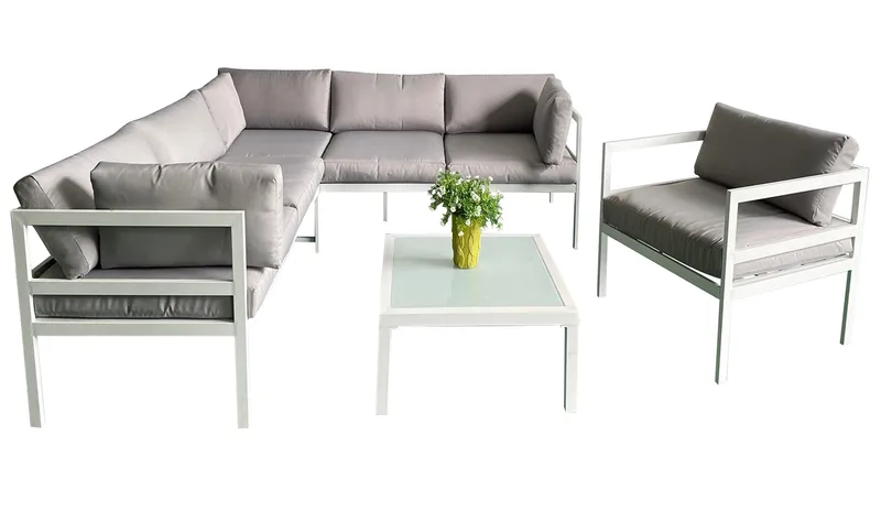 Utegrupp med bord och hörnsoffa i vit aluminium - Vit aluminium med grå dynor - Utemöbler - Loungemöbler - Soffgrupp utomhus