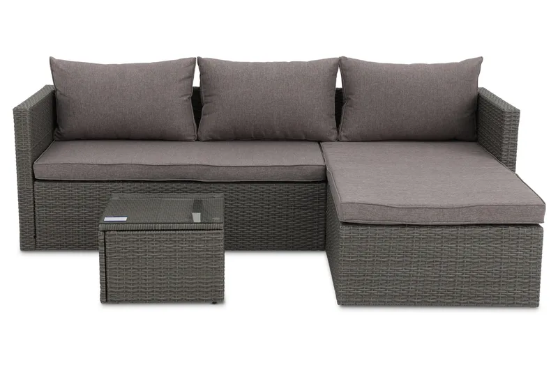 Utegrupp; divansoffa med bord i grå rotting, Gråmelerad konstrotting med grå dynor