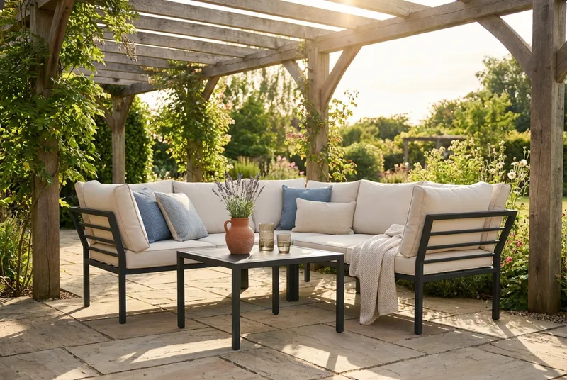 Ariany l-formad 5 sits hörnsoffa utomhus med vita dynor rektangulärt bord i alumunium - Svart - Trädgård & spabad - Utemiljö - Altan & terrass - Altanmöbler