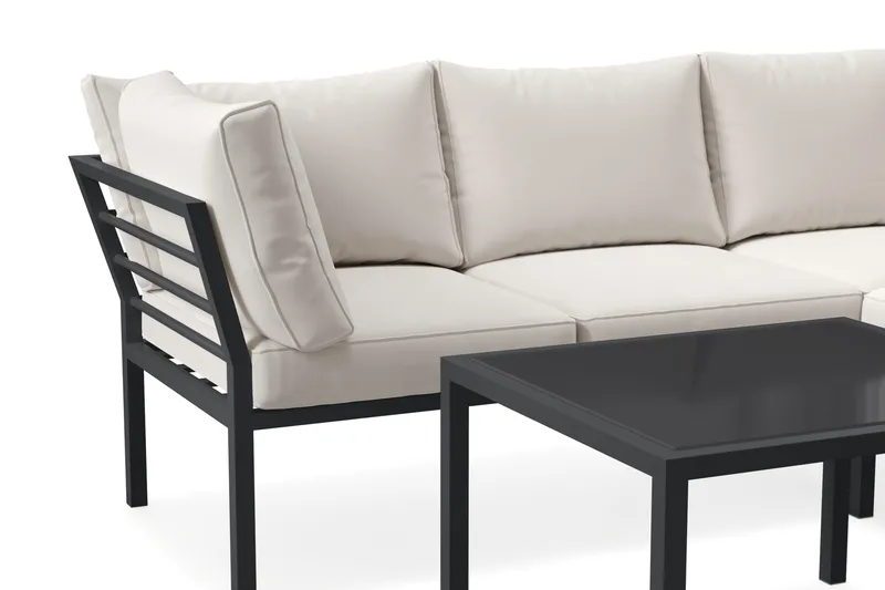 Ariany l-formad 5 sits hörnsoffa utomhus med vita dynor rektangulärt bord i alumunium - Svart - Trädgård & spabad - Utemiljö - Altan & terrass - Altanmöbler