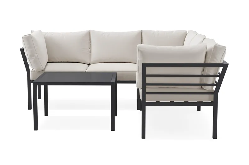 Ariany l-formad 5 sits hörnsoffa utomhus med vita dynor rektangulärt bord i alumunium, Svart