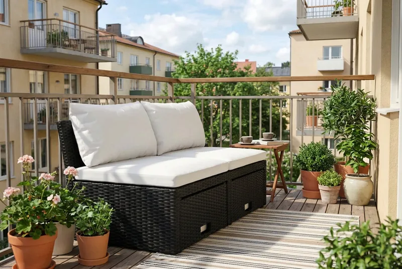 Bahamas Liten Balkongsoffa med dynor och pallar i konstrotting - Svart - Utemöbler - Balkong - Balkongmöbler - Soffa balkong