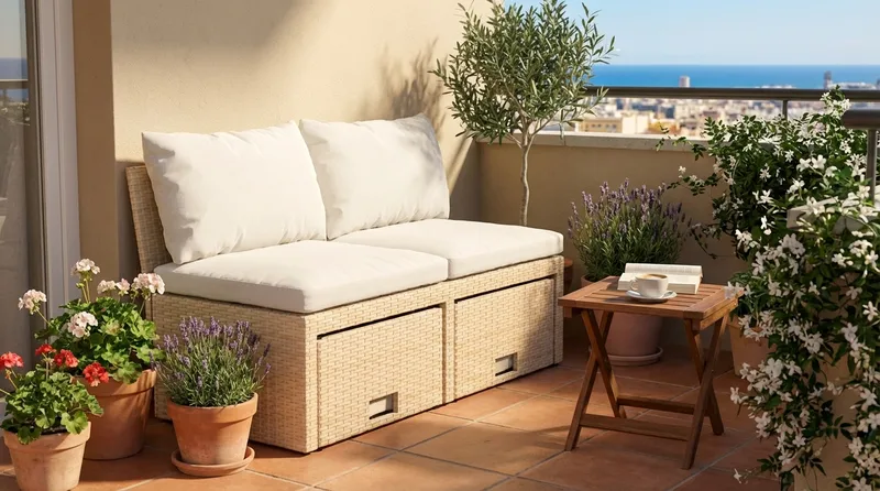 Bahamas Liten Balkongsoffa med dynor och pallar i konstrotting - Beige - Utemöbler - Balkong - Balkongmöbler - Soffa balkong