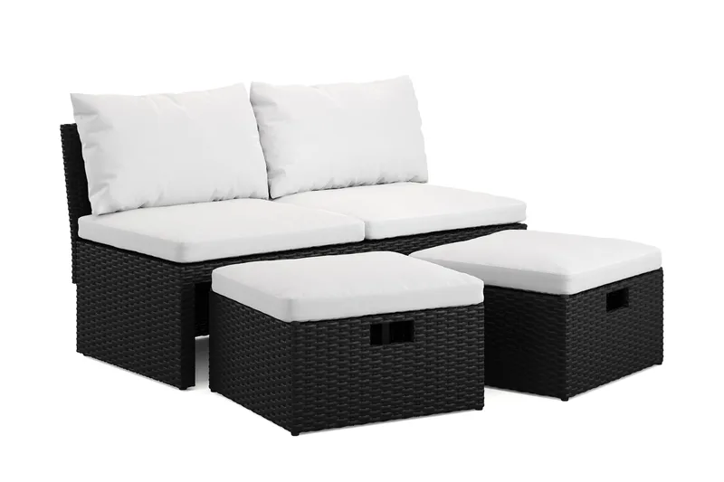 Bahamas Liten Balkongsoffa med dynor och pallar i konstrotting - Svart - Utemöbler - Balkong - Balkongmöbler - Soffa balkong